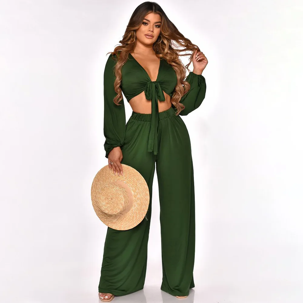 

Trendy Concise 2pcs Lounge Set for Women Casual Bow Tied Long Sleeve Crop Top and High Waist Loose Palazzo Pants Female Clothing