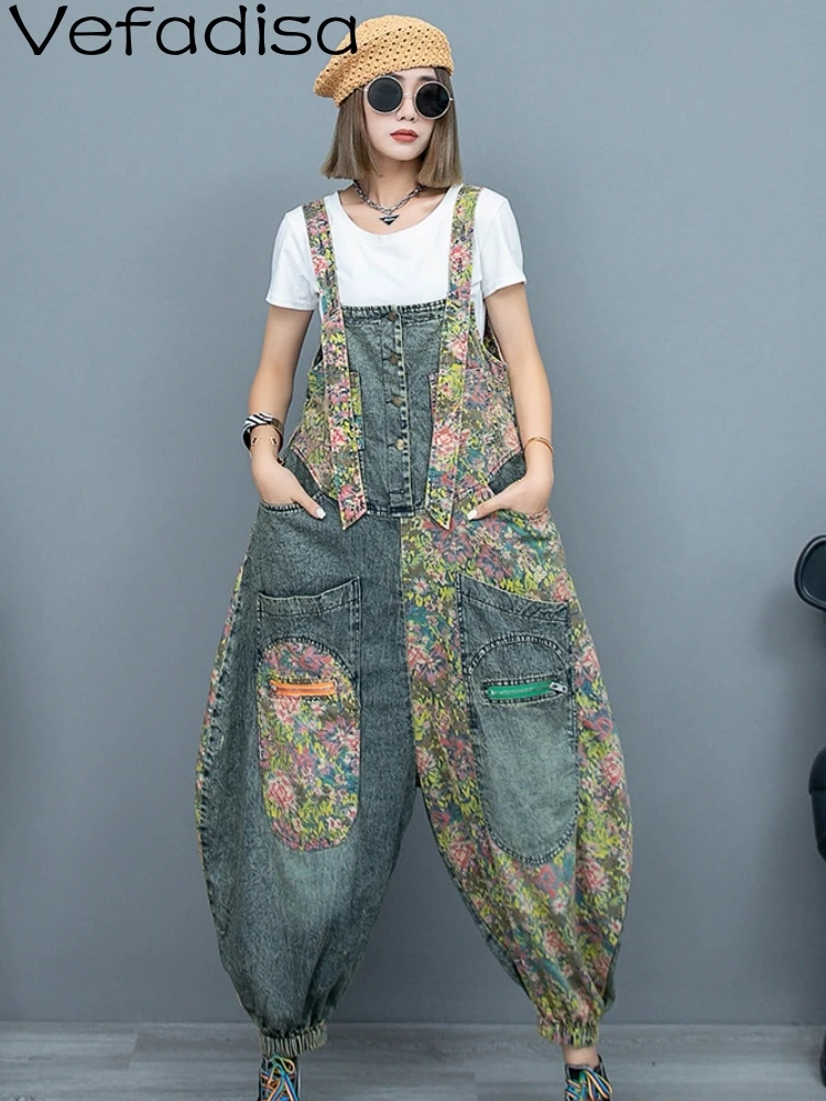 

Vefadisa 2023 Summer Fashion Casual Denim Strap Pants Loose Print Flower Personalized Girl Spliced Wide Leg Jumpsuit ZY1752