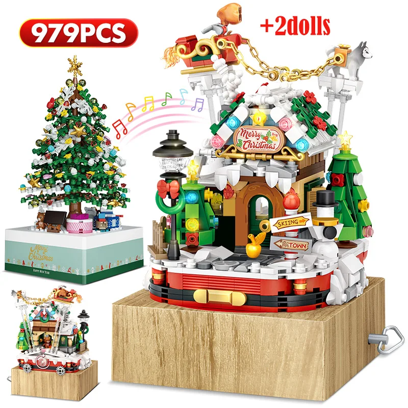 

979PCS Mini City Christmas Street View Santa Cabin Music Box Building Blocks Friends DIY Figures Bricks Toys for Children Gift