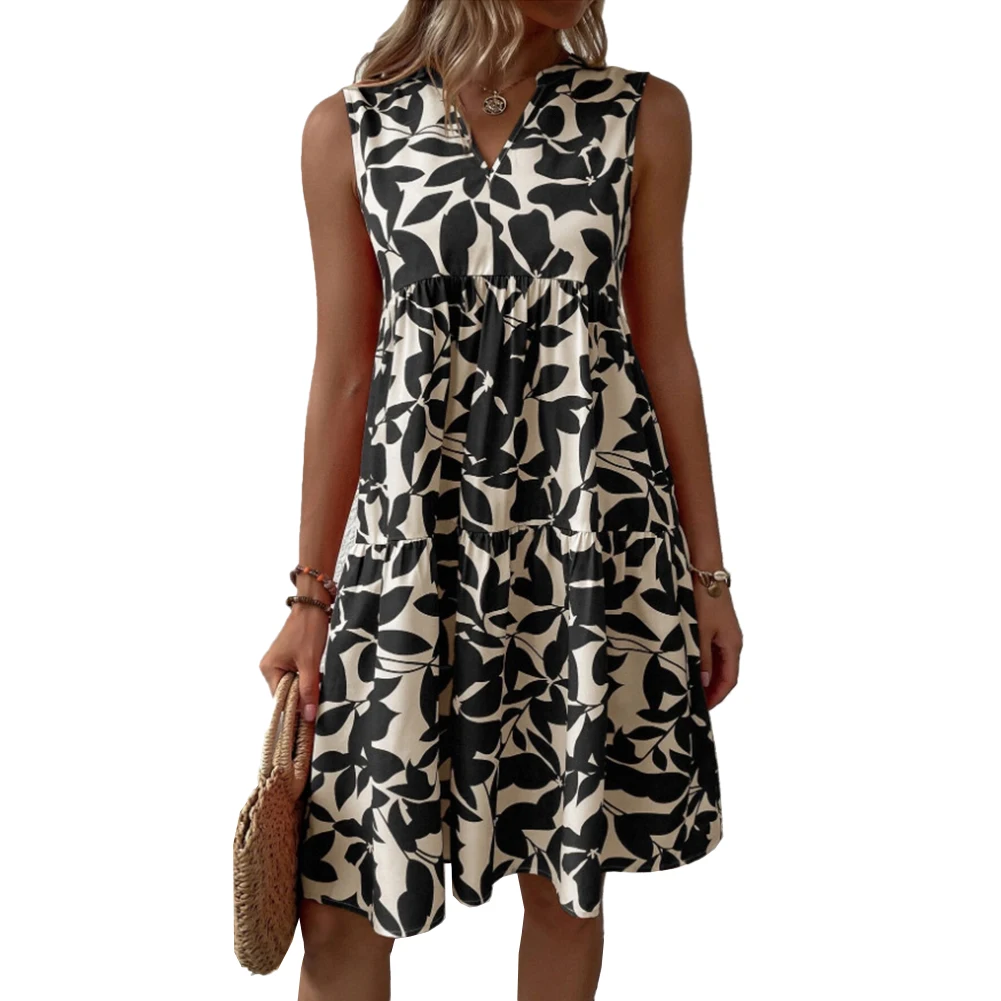 

Women Casual Dress Summer Floral Print Vest Dress V Neck Sleeveless A Line Loose Dress Womens Clothing Robe Femme