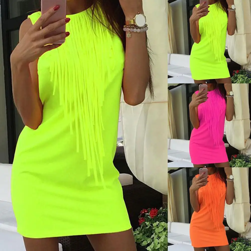 

Летнее облегающее платье с бахромой, мягкое мини-платье без рукавов, уличная одежда с круглым вырезом, прямая текстурная уличная одежда