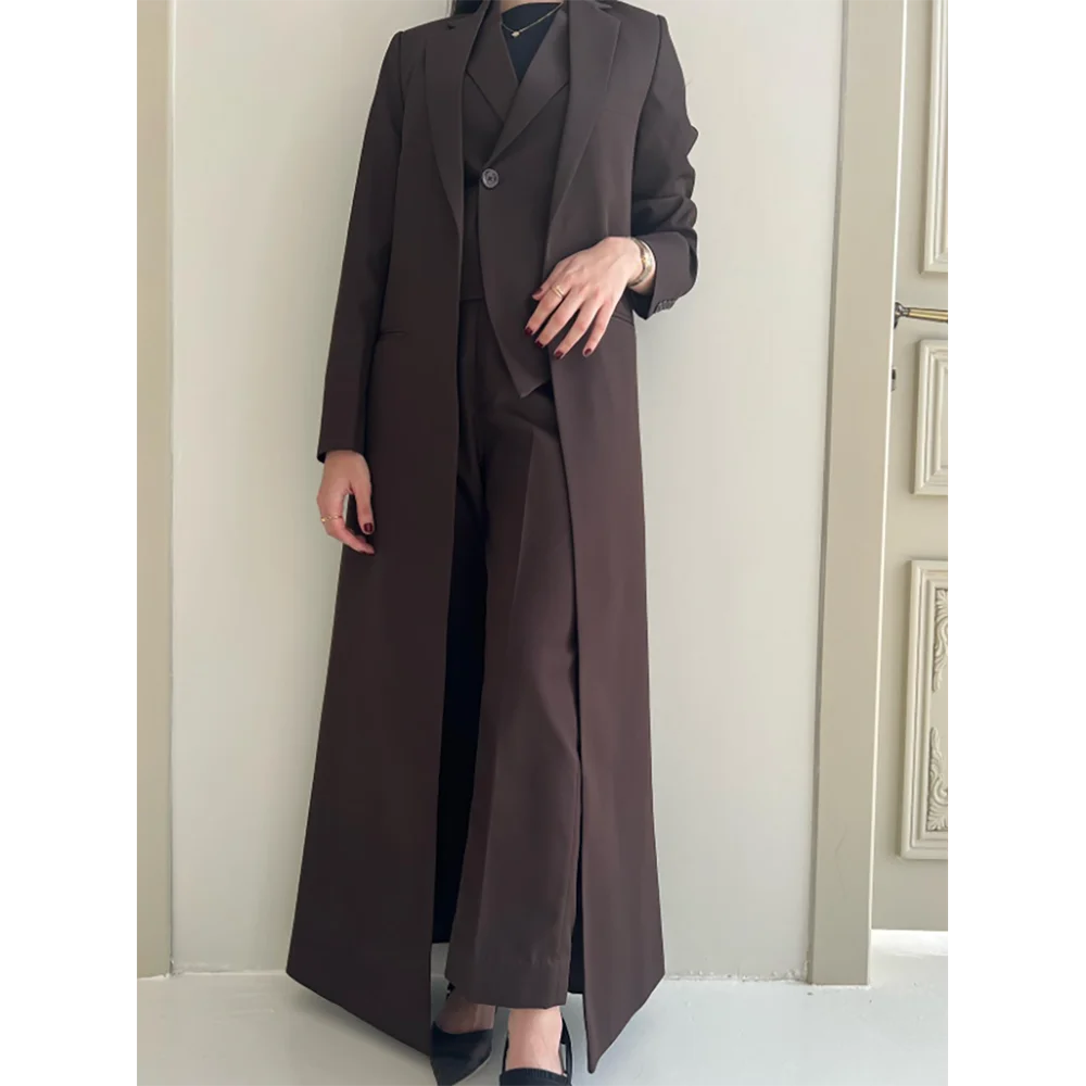 Элегантный тонкий женский длинный жакет из 3 предметов (пиджак + брюки жилет)