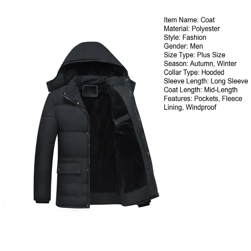 Fleece Lining Stand Collar Long Sleeve Pockets Buttons Zipper Placket Men Coat Winter Thickened Cotton Padded Mid-Length Hooded