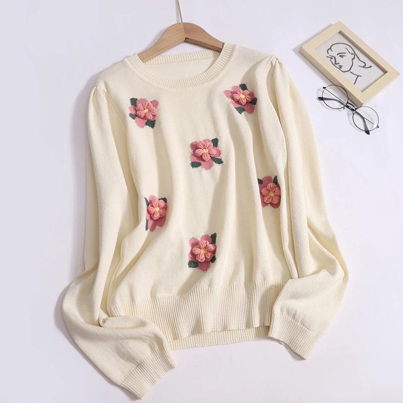 

Retro Knit Sweater Women Pullovers Autumn New Design with Three-dimensional Flower Sweet O Neck Long Sleeved Knit Sweater Tops