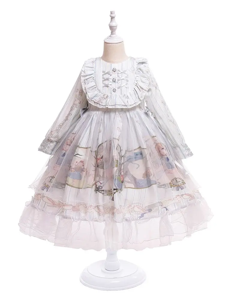 

Sweet Girls Lolita Dress Vintage O-Neck Long Sleeve Bow Ruffles Tea Party Gown Fashion Pattern Printed Princess Dresses 4-10Y