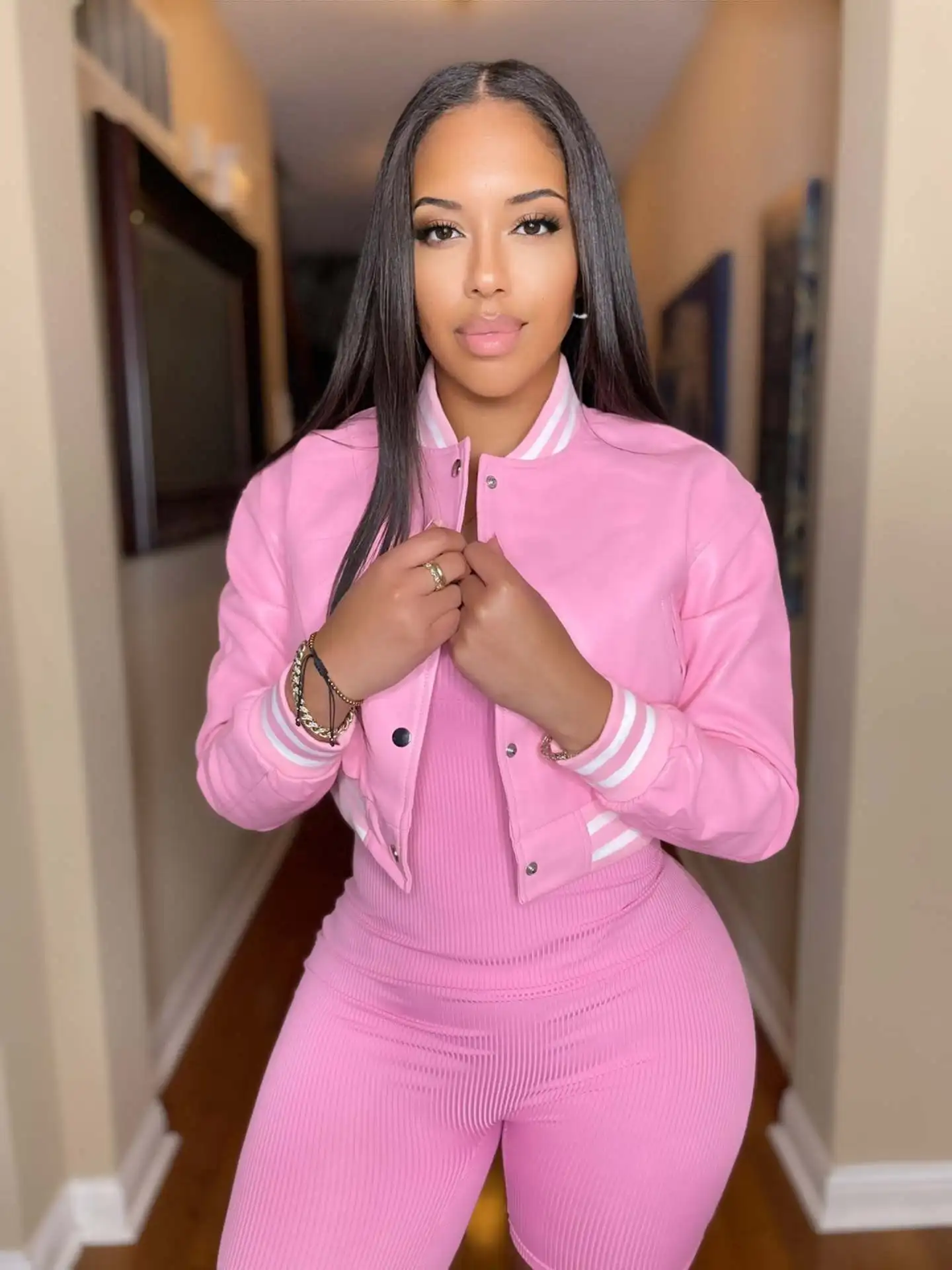 PU Leather Women Fly Jacket Solid Button Up Crop Coat with Ribbed Patchwork 2022 Fall High Street Activewear Motorcycle Outwear