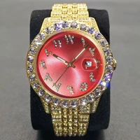 missfox watch for men red dial hip hop luxury stainless steel male quartz reloj bling diamond calendar waterproof mens watches