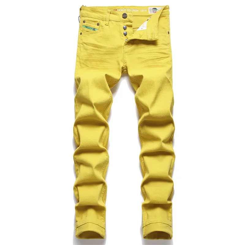 

Men's Jeans Yellow Simple Trend Stretch Slim Pencil Trousers Mid-Waist Embroidered Trousers Pure Color Motorcycle Clothes