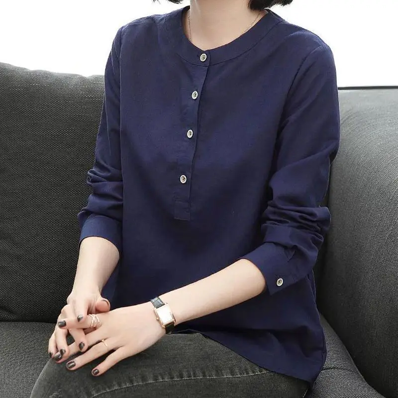 Женская винтажная Блузка-туника из хлопка и льна Повседневная Однотонная