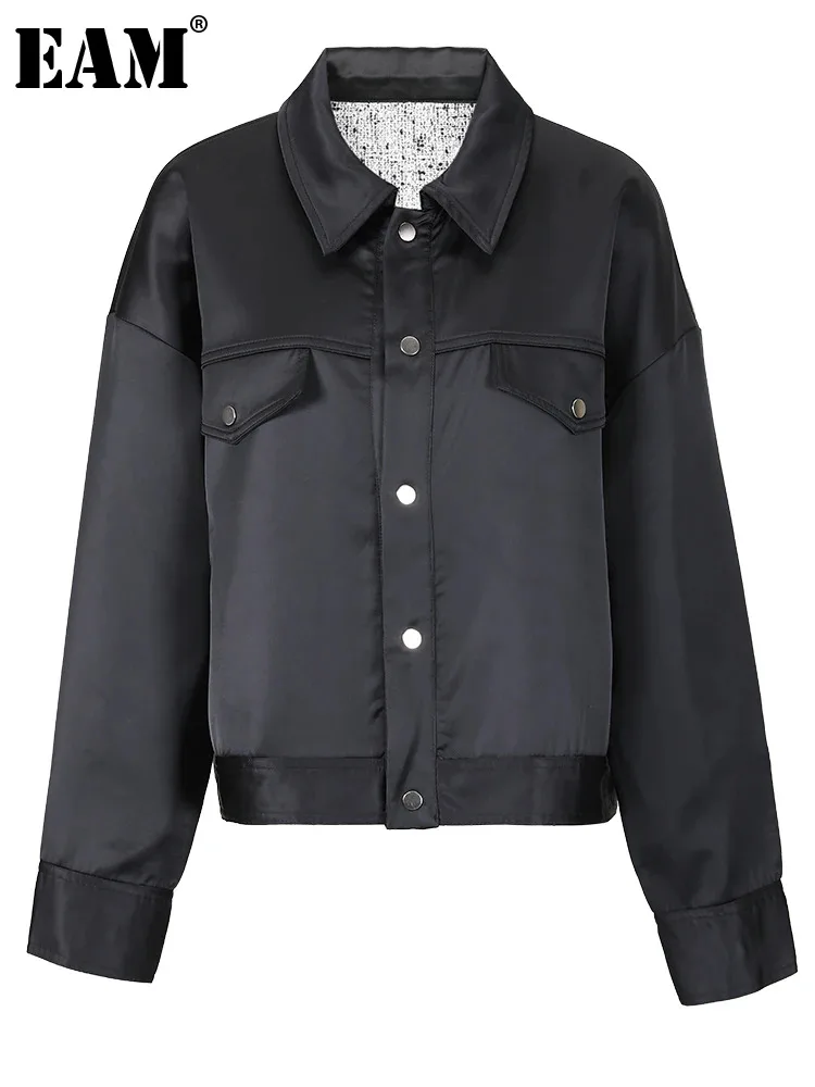 

[EAM] Свободная черная двухсторонняя куртка большого размера, Новое Женское пальто с длинными рукавами и отворотом, модная весенне-осенняя коллекция 2023, CPG0573