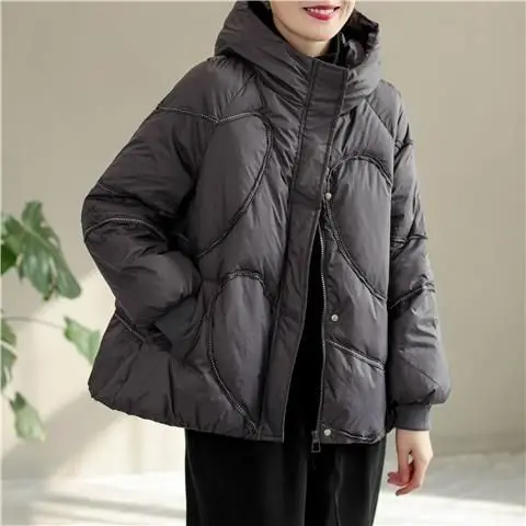 Down Jacket Women's 2023 White Duck Down Hooded Pockets Zipper Down Korean Coat Women New Tops Splicing Outwear Femme M54