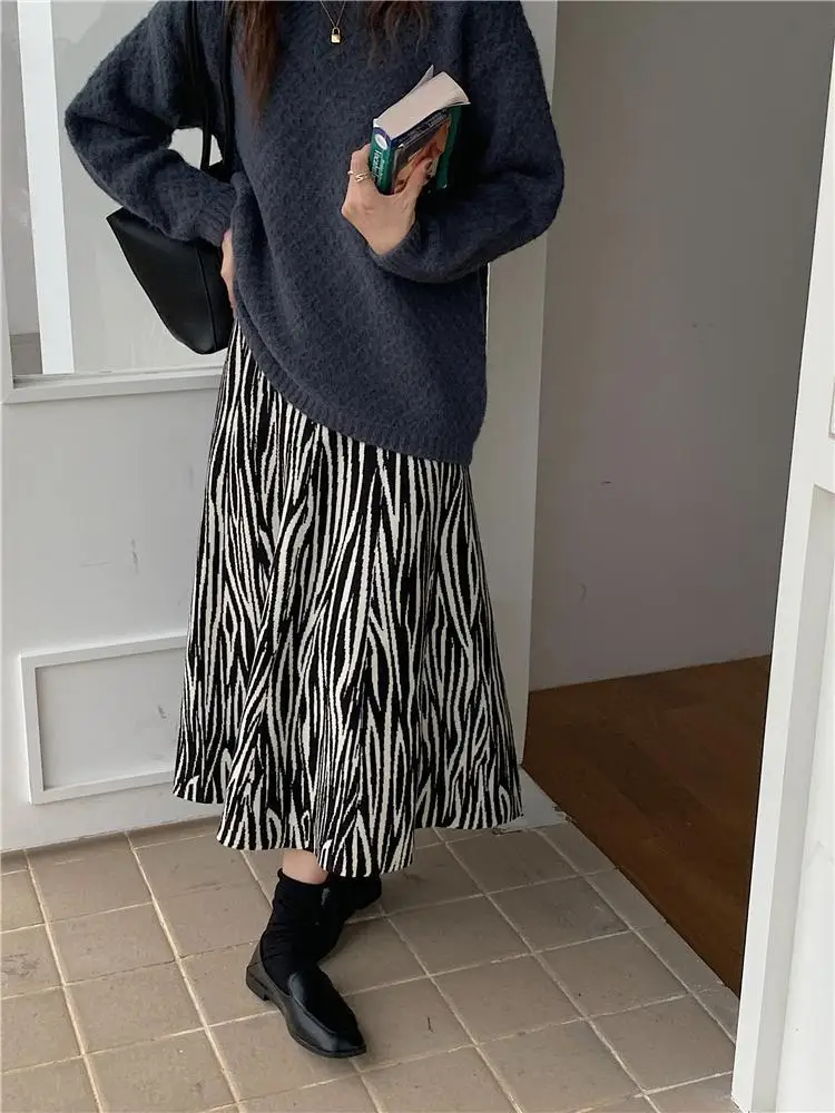 

Knit Midi Long Skirt Fall Winter Warm Knitted Zebra Striped Black Pleated Skirts,sweaterdresses women graceful chic elegant y2k