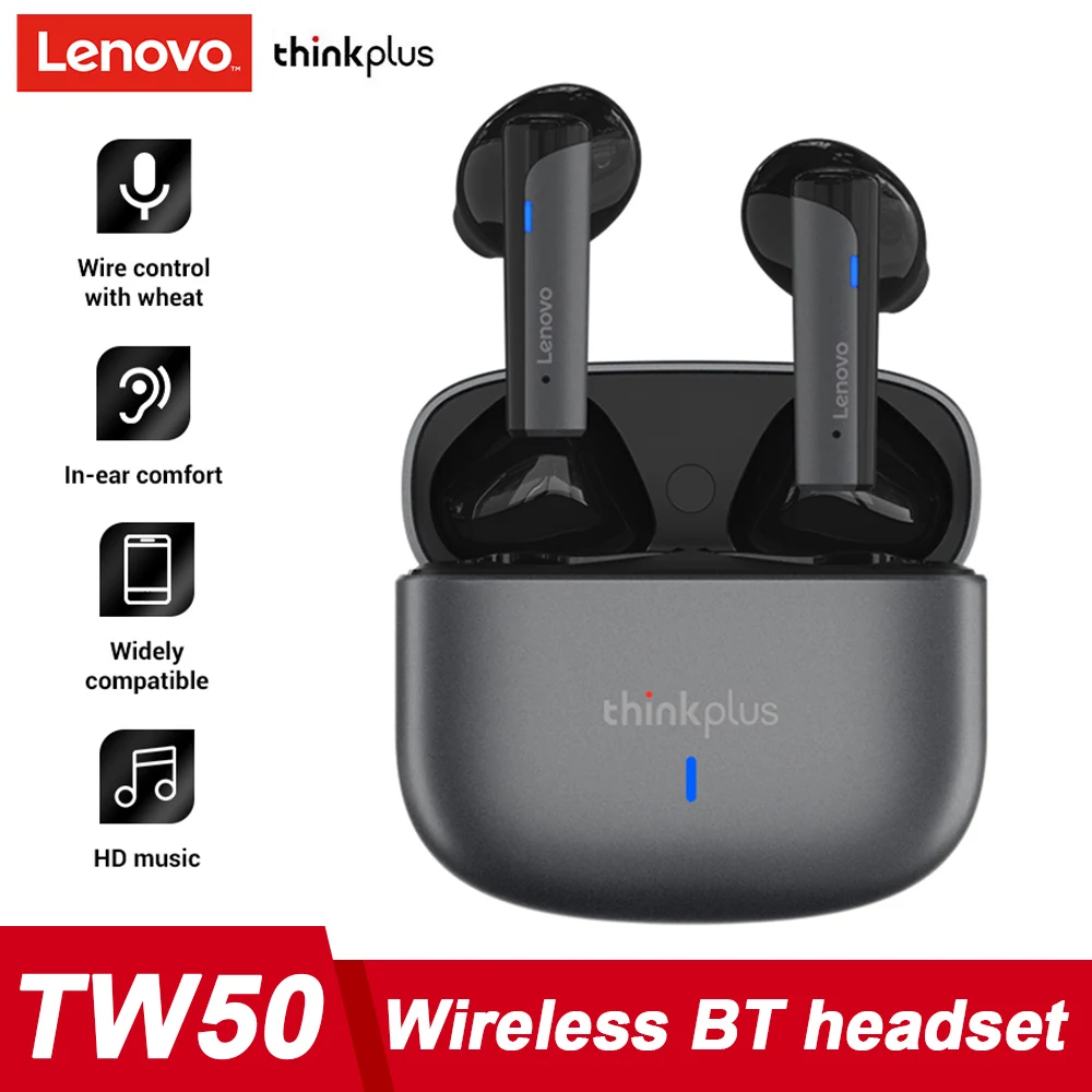

Lenovo TW50 Wireless Headphones Touch Control Waterproof Earphones with Dual Microphones Bluetooth-Compatible 5.1 Earbud Black