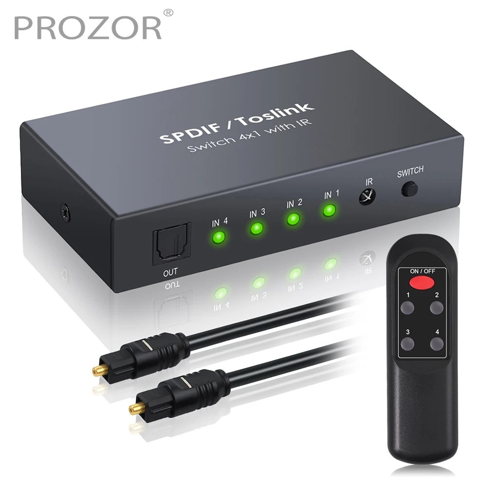 

PROZOR Digital 4 в 1 Out Toslink оптический переключатель с пультом дистанционного управления из алюминиевого сплава цифровой аудио SPDIF Toslink волоконный ...