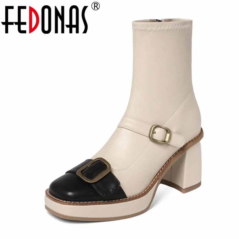 

Женские полусапожки в стиле ретро FEDONAS, коричневые ботильоны из коровьей кожи, простая обувь смешанных цветов с пряжкой на ремне для вечевеч...