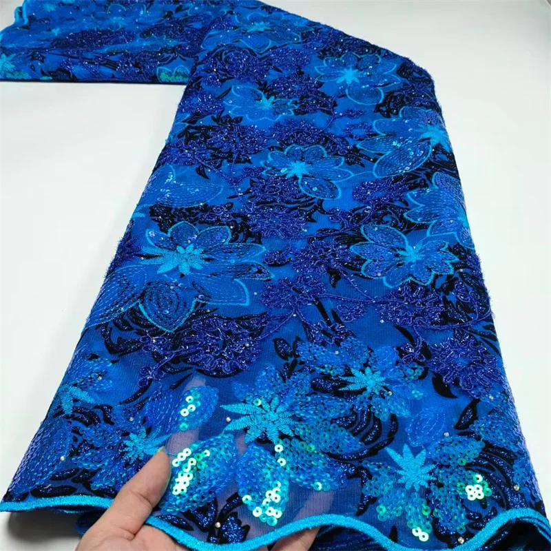 

French Nigerian Velvet Flocking With Sequins Net Lace African Tulle Mesh Fabric High Quality For Wedding Party Skirt Material 1L