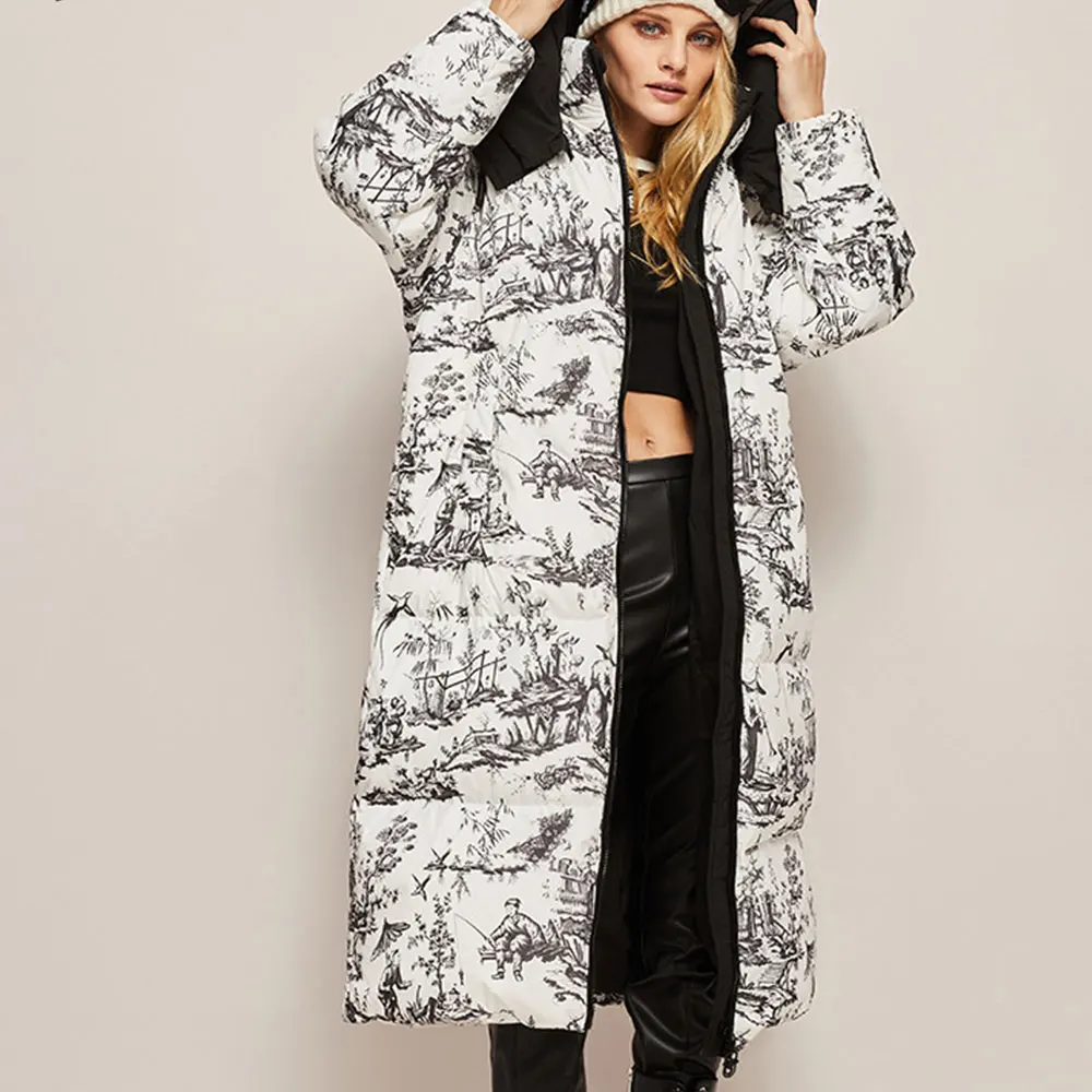 

2023 Winter New Fashion Windproof Down Jacket Women's Long Over Knee Combination With Warm Printed Couple Thick Coat Tide