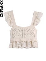 xnwmnz 2022 women fashion jacquard mesh knit tank top vintage ruffle trim square neck wide strap female camis mujer