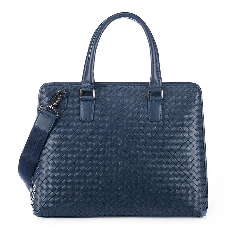 Weave Genuine Leather Men's Briefcase With Zipper Executive Handbag Business Laptop Computer Bag Luxury Male Shoulder Bag