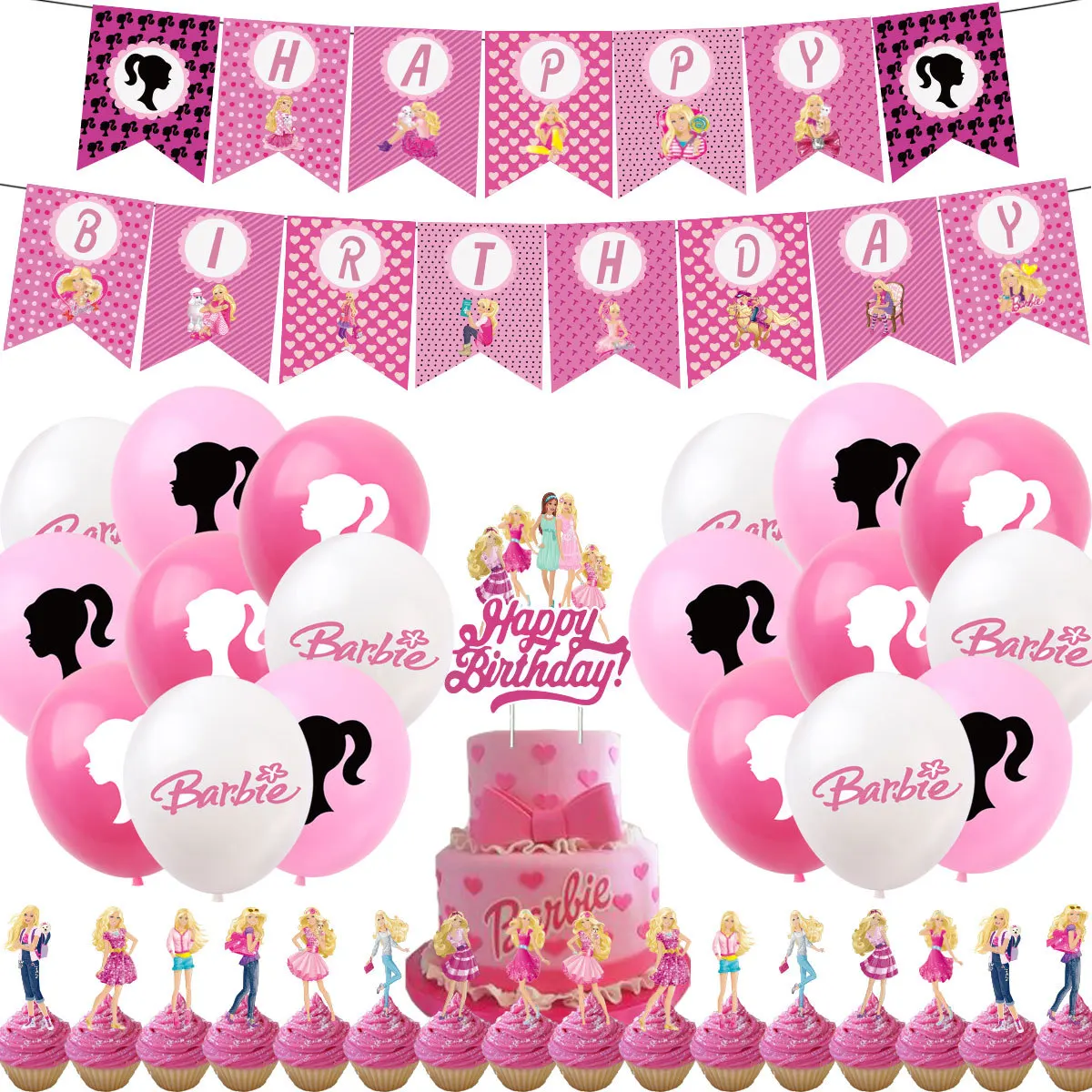 

Original Barbie Doll Pink Birthday Party Decoration Table Balloons Cake Flag Background Anime Accesories for Kids Girls Events
