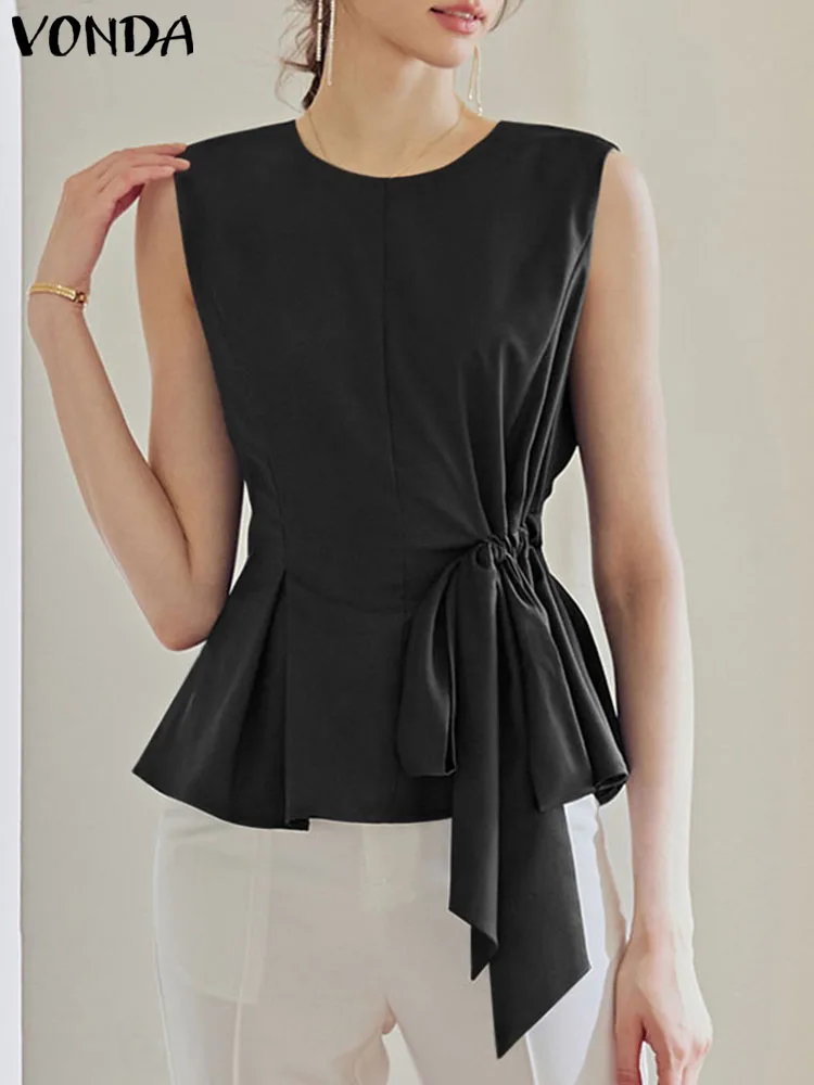 

VONDA Women Sexy Blouses 2023 Summer Sleeveless Shirts Tunic Bandage Tops Vintage Solid Color Casual Pleated Elegant Blusa Femme