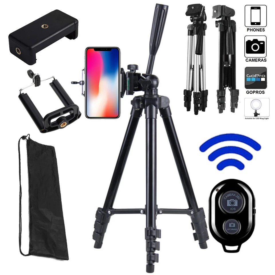 

Lightweight Camera Phone Tripod Portable AdjustableStand Mount Holder Clip Remote Control For Live Youtube Cellphone