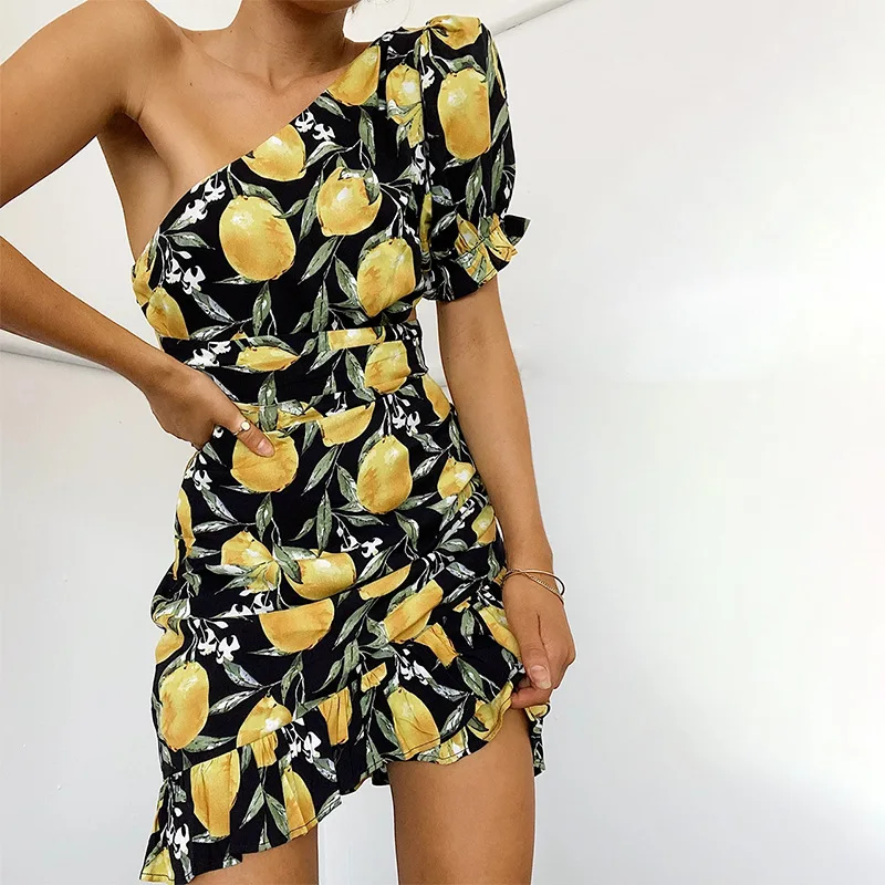Lemon Print Ruffled Pleated Summer Dress 2021 One-shoulder Hollow Women's Dress Sexy Off-shoulder Fashion Ladies Vestidos New