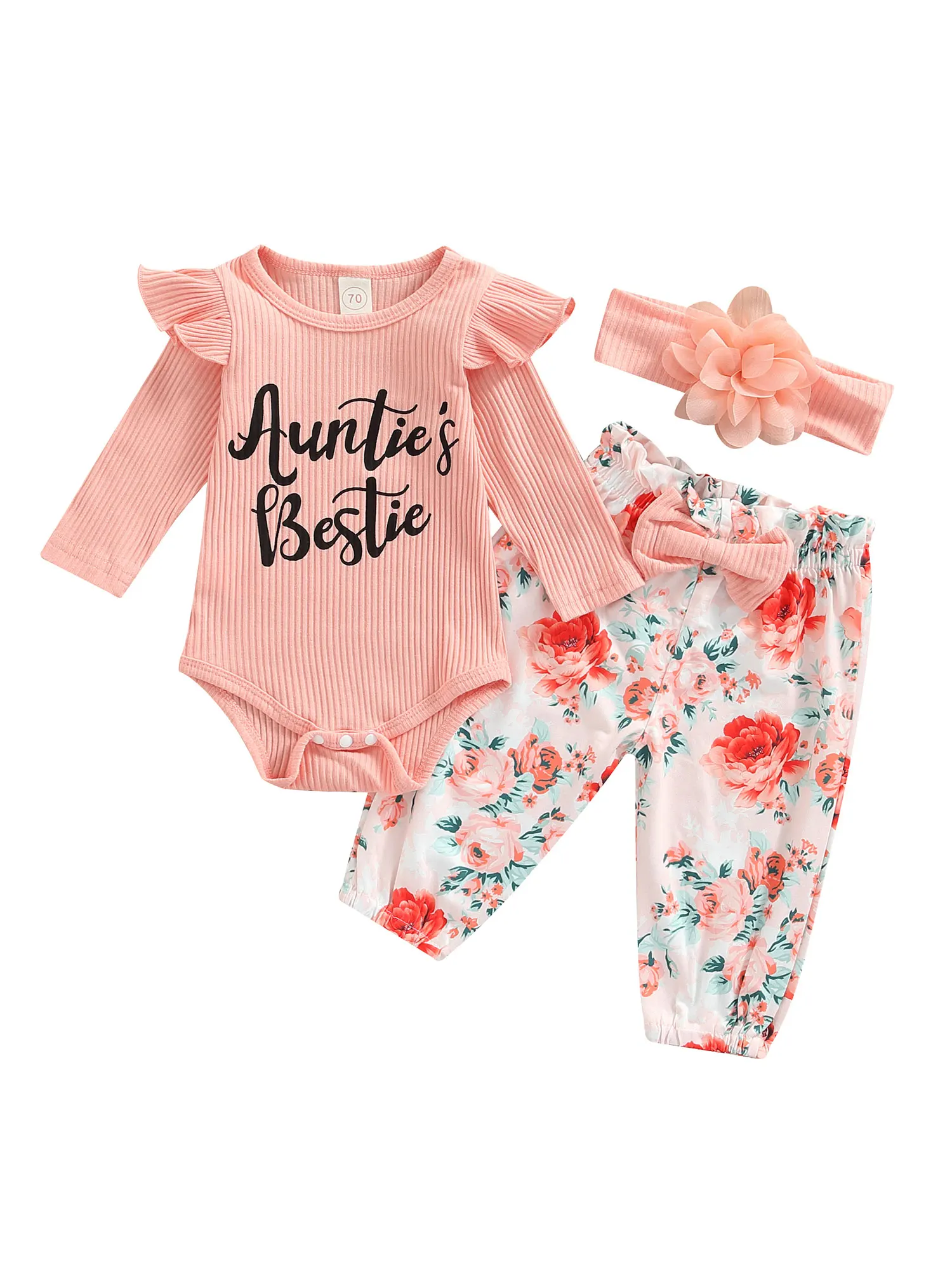 

3Pcs Newborn Infant Girls Fall Winter Outfits Toddler Baby Girl Hoodie Outfits Baby Romper Set Ribbed Letter Print Ruffle Long
