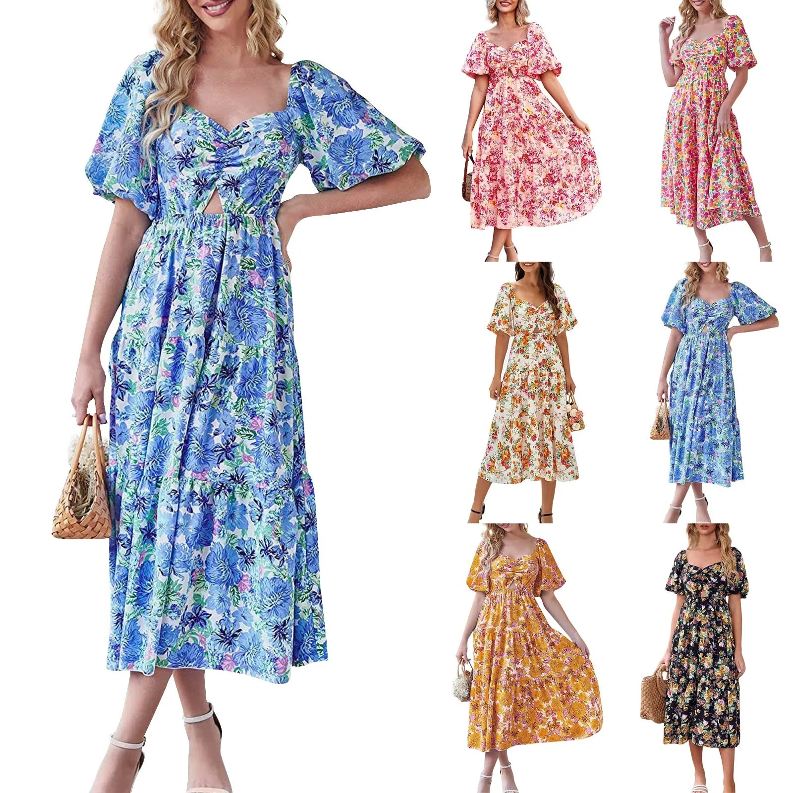 

Women'S Summer Clothes Casual Puff Sleeve Squre Neck Wrinkle Floral Printed Pattern Loose Plain A-Line Tunic Dress Vestidos