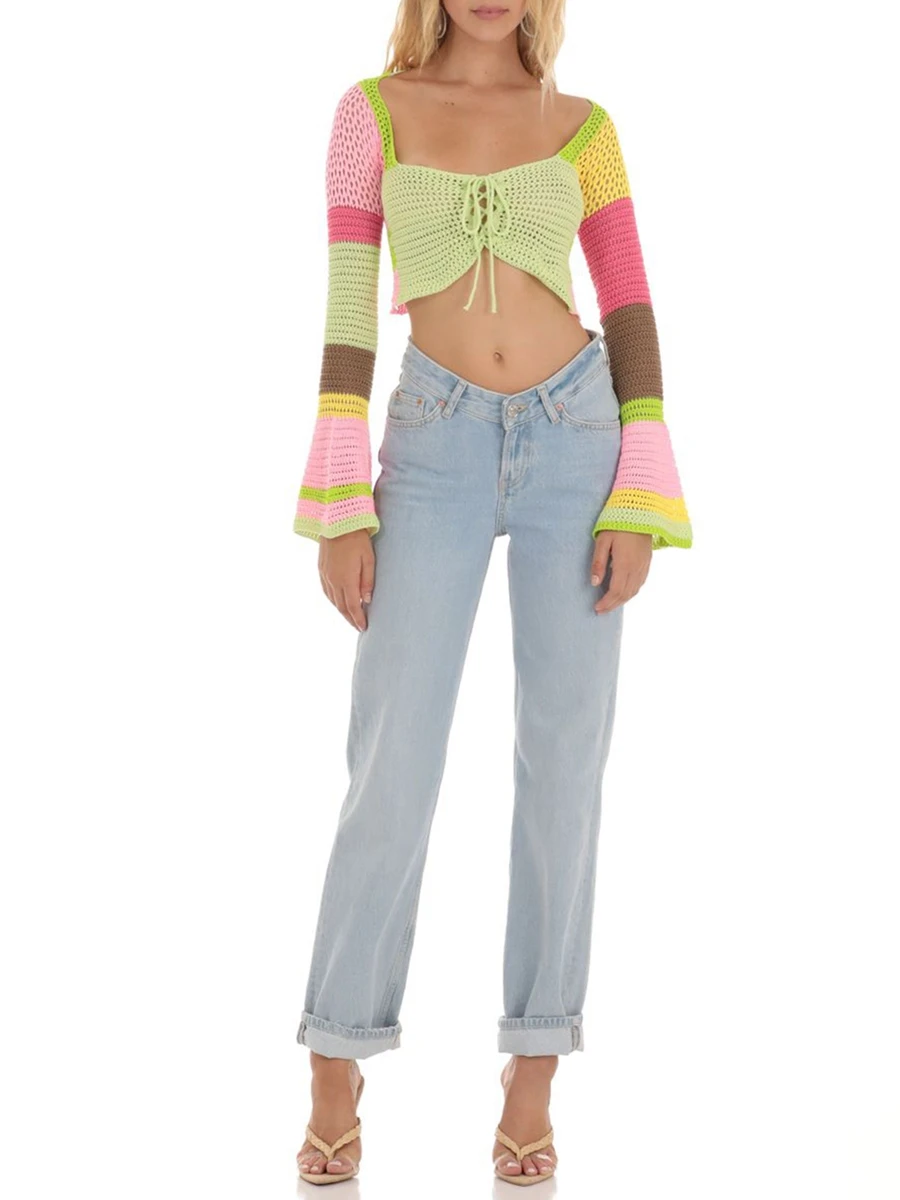 

Women Slim Cropped Knit Sweater Contrast Color Tie-Up Flare Long Sleeve Pullovers Spring Fall Square Neck Jumpers Streetwear