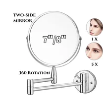 욕실 메이크업 거울 접이식 벽걸이 뷰티 미러, 양면 고화질 펀치 프리, 5 배 증폭, 7 인치, 8 인치