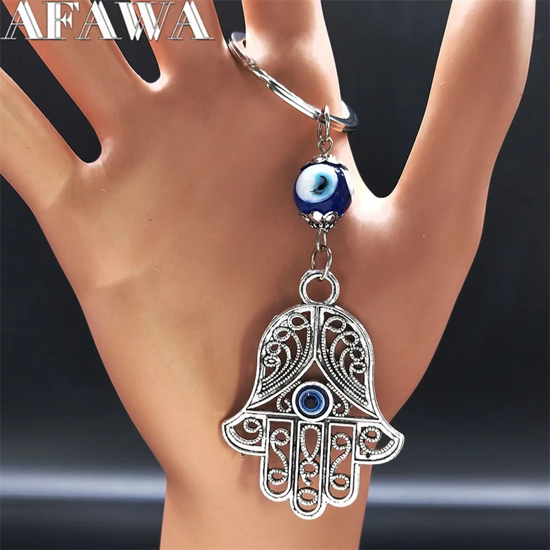 Lucky Fatima Hand Key Chain for Women Men Turkish Blue Eye Tassel Key Ring Amulet Jewelry llaveros para mujer lujo KXH786S01