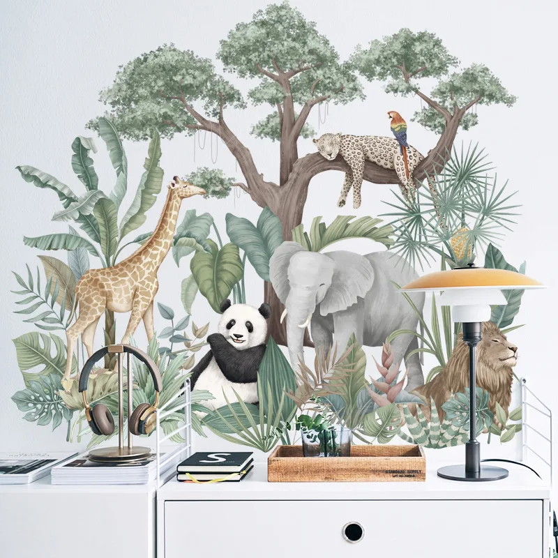 Pegatinas de pared grandes de animales de Safari para habitación de niños, calcomanías de pared de Selva, elefante, jirafa, leopardo, póster de papel tapiz