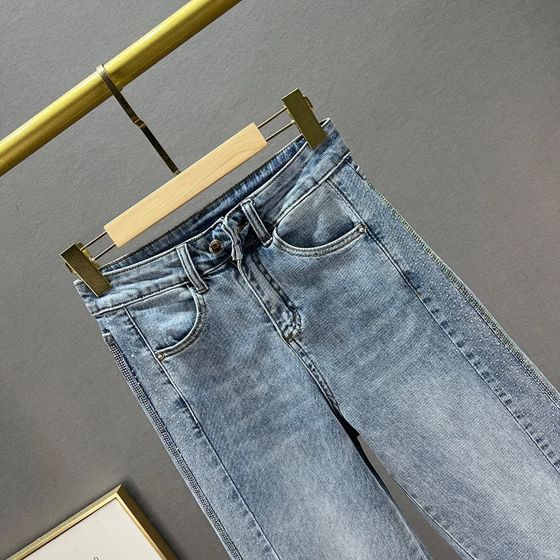 Jeans Women's Wide-Leg Pants 2022 Spring Summer New High Waist Hot Drilling Loose Trousers Office Lady Blue Trousers Female Jean