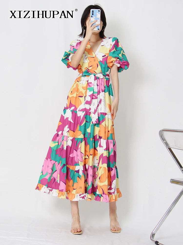 

XIZIHUPAN Vintage Loose Dress For Women V Neck Short Puff Sleeve High Waist Print Floral Colorblock Long Dresses Female Clothing