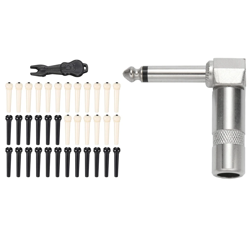 

10 Pack Lot 6.3Mm TS Right Angle MONO Phone Plug With 36Pcs Acoustic Guitar Bridge Pins Pegs In White And Black