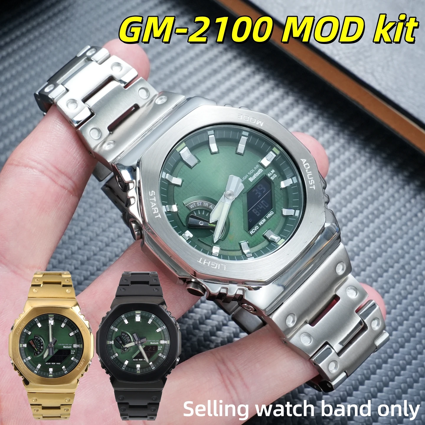 Фото Комплект для модификации Casioak GM-2100 GBM-2100: корпус и ремешок из цельной нержавеющей стали, модифицированный металлический безель, сменные аксессуары. №2