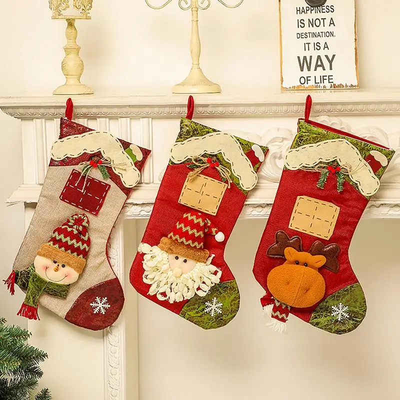 

Christmas Stockings Decorative Christmas Hanging Ornaments Santa Snowman Reindeer Christmas Character for Home Kids Gifts