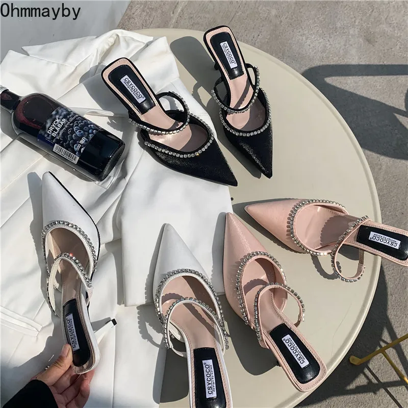 

Мюли женские с заклепками, заостренный носок, без застежки, на тонком каблуке, уличные тапочки, 2022