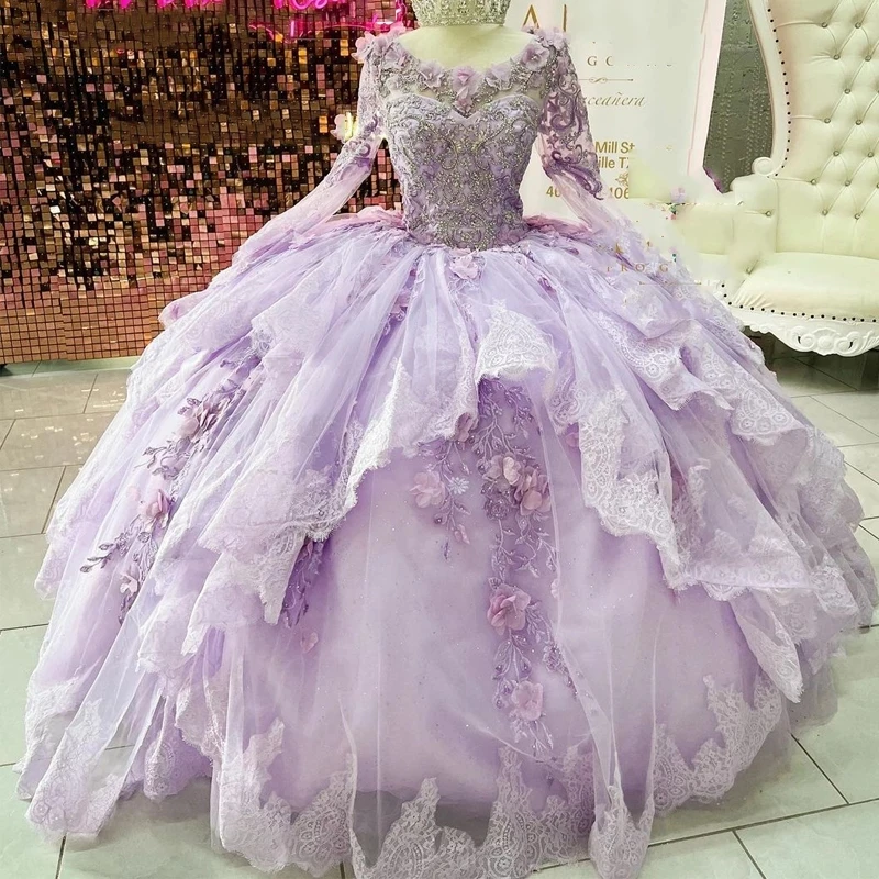 

Angelsbridep 2023 New Appliques Tiered Ball Gown 15 Year Old Girls Quinceanera Dresses Long Sleeves Light Purple Robe De Soirée