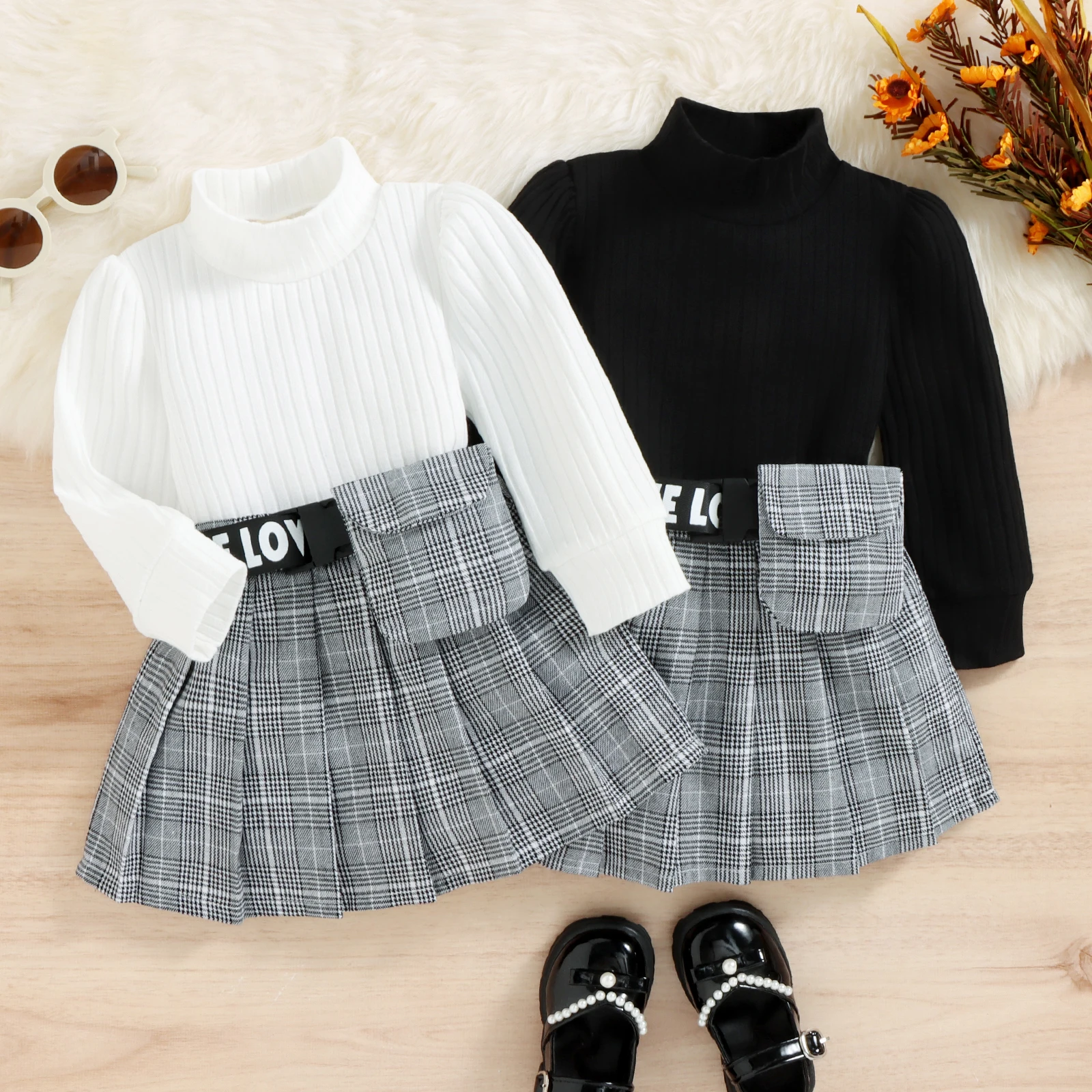 

TR New Autumn Kids Girls Fall Outfits Solid Color Ribbed Turtleneck Long Sleeve T-Shirt + Plaid Pleated Skirt Waist Bag Set