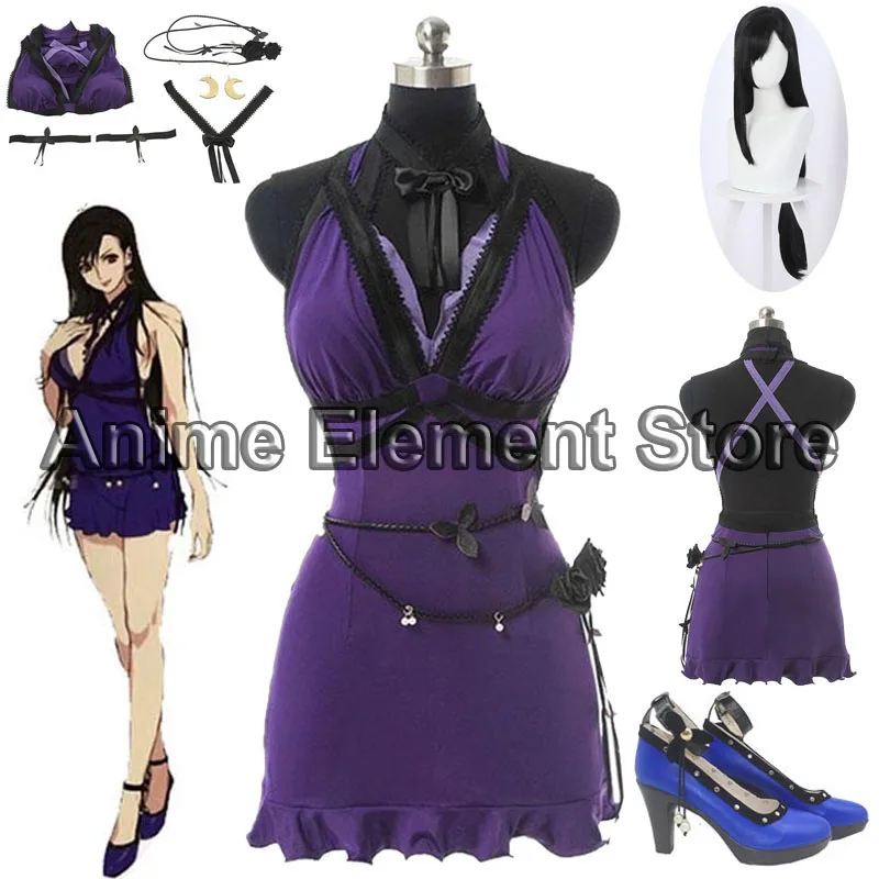 

Game FF7 Remake Tifa Cosplay Costume Women Dress Tifa Lockhart Blue Dress Sexy Party Halloween Carnival Costume Wig New
