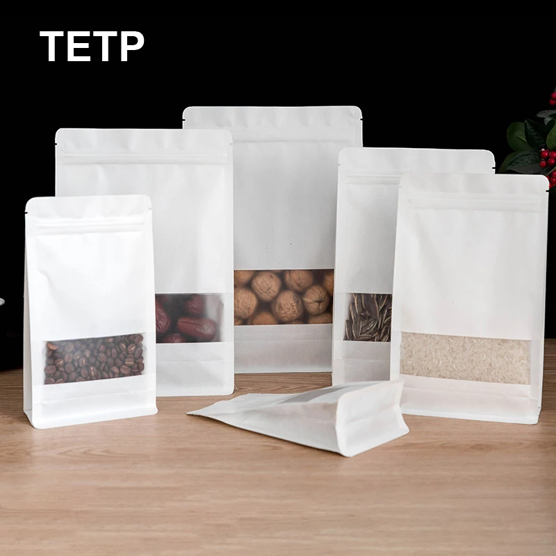 

TETP 50Pcs White Food Packaging Bag With Frosted Window Home Tea Cookies Snack Storage Favors Sealing Stand Up Resealable