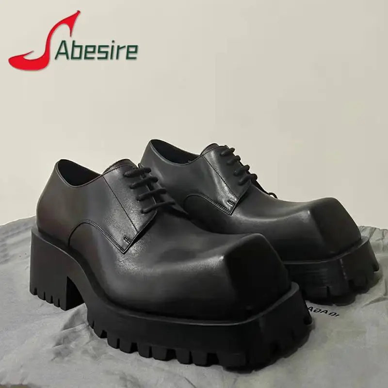 

British Style Retro Leather Shoes Square Toe Thick Heels Women's Boots Black Chunky Platform Lace Up Anckle Boots Couple Shoes
