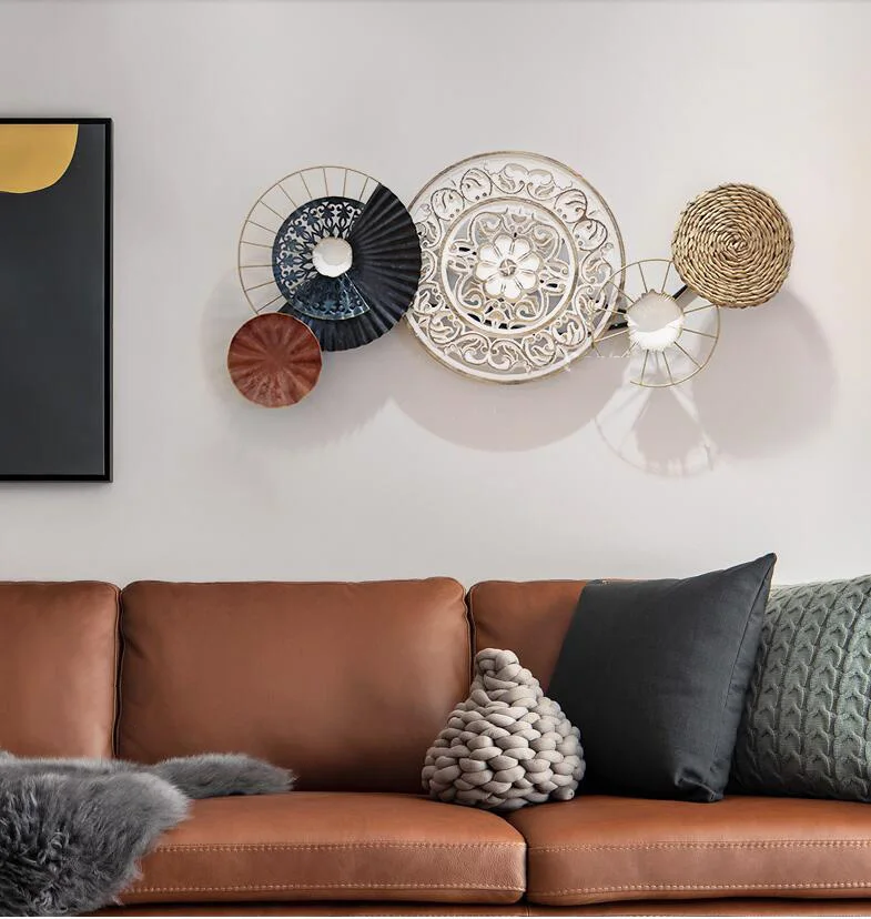 

American 3D Wrought Iron Round Shape Wall Hanging Ornaments Home Livingroom Sofa Wall Sticker Decoration Lobby Wall Mural Crafts