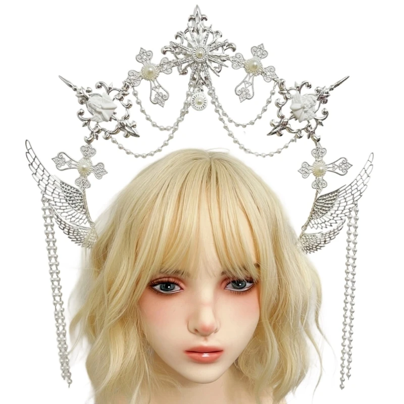 Фото Y3NE Angel Halos Crowns Marys Goddesses повязка на голову золотые диадемы Короны Лолита Косплей Хэллоуин Костюм Головной убор №4