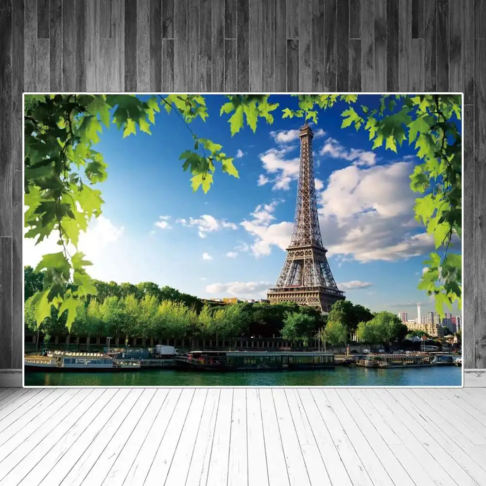 

Eiffel Tower Photography Backgrounds Lake Boat Maple Leaves Cloud Landmark Scenic Spots Backdrop Photographic Portrait Props