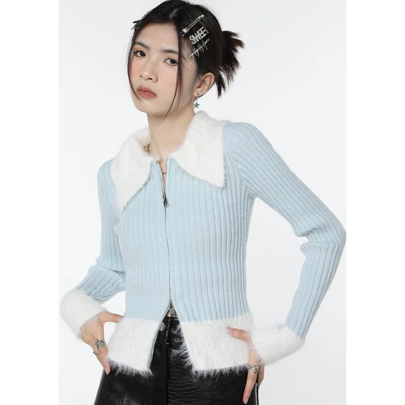 

Women Clothes Blue Cardigan Sweater Color Contrast Outerwear Fashion Vintage Leisure Lazy Wind Winter Long Sleeve Knitting Coat