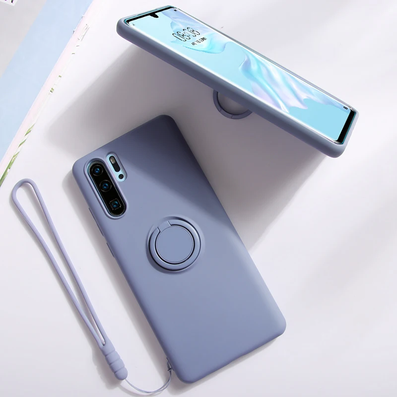 

Luxury Soft Silicone Case For Huawei P30 Lite P40 P20 Pro Honor Mate 20 Nova 5T P30 P20Pro Phone Ring Holder Stand Cover Lanyard