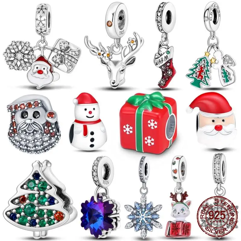 

Beads 925 Sterling Silver Santa Claus Christmas Tree Gift Charm Snowflake Elk Pendant Fit Original Pandora Bracelet Xmas Jewelry